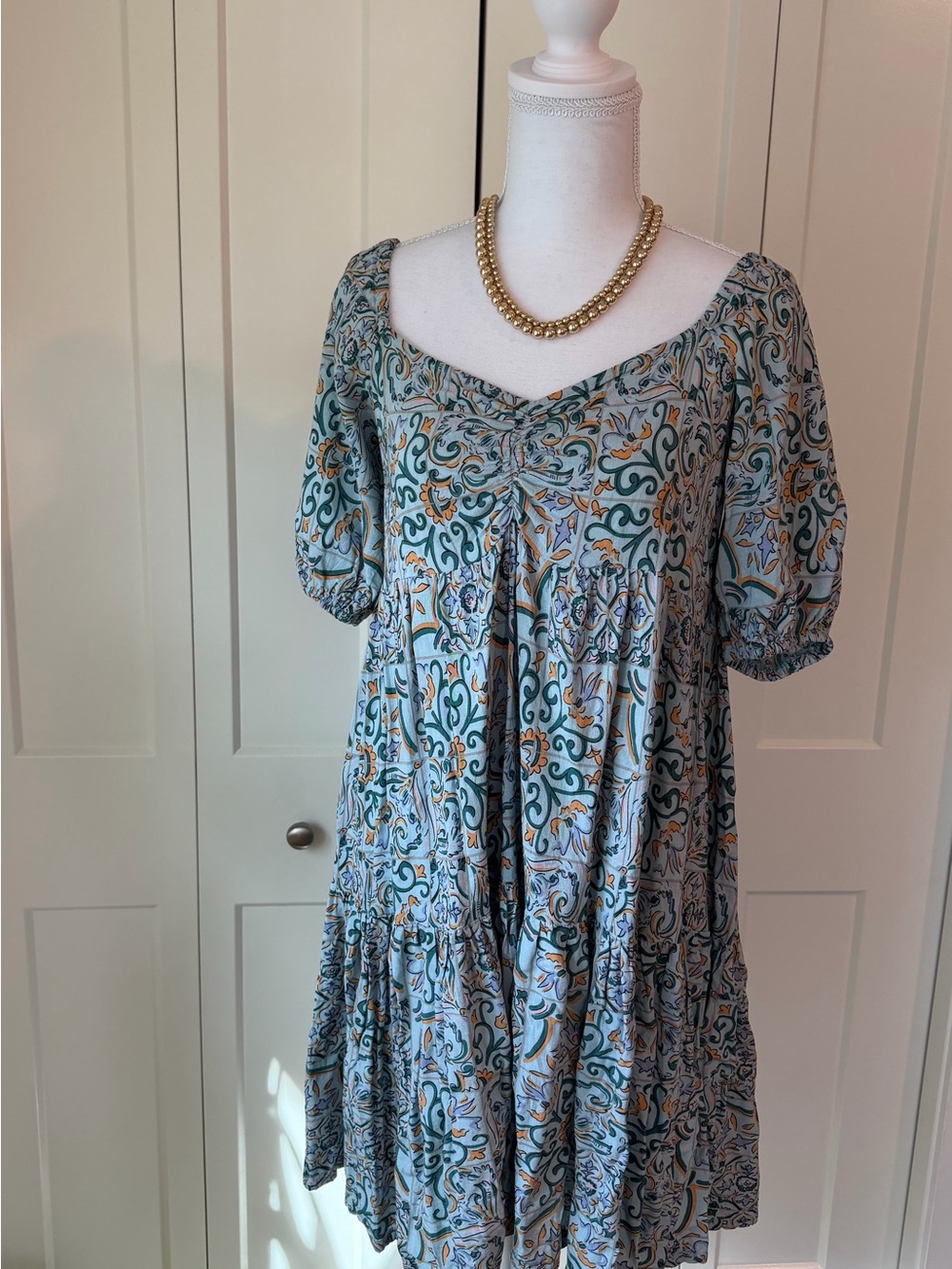 Blue & Teal Floral Puff Sleeve Tunic Dress